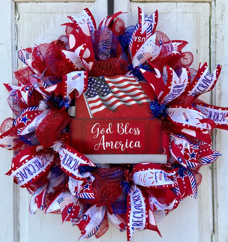 24" Diameter Patriotic Mesh and Ribbon Front Door Wreath for Spring and Summer, God Bless America Sign Insert