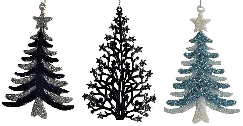 3-Pack of Blue Glitter Tree Shaped Ornaments