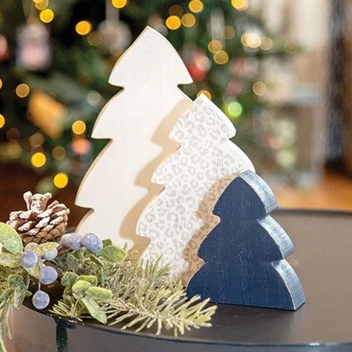 3 Set Blue White & Fashion Print Chunky Christmas Trees