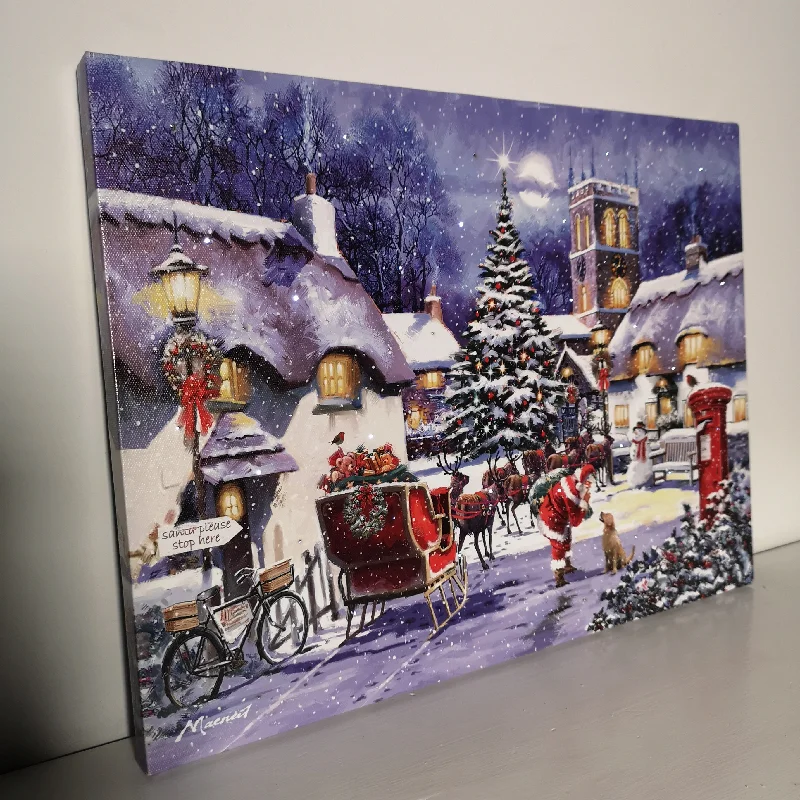 40 x 30cm Snowtime Touch Operated Santa And Village Christmas Fibre Optic Wall Canvas