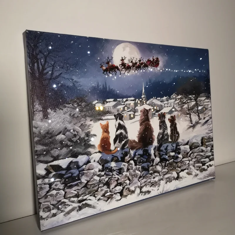 40cm x 30cm Snowtime Touch Operated Cats Christmas Fibre Optic Wall Canvas