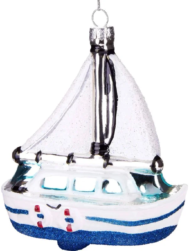 5" White & Blue Sail Boat Glass Ornament Set Of 6