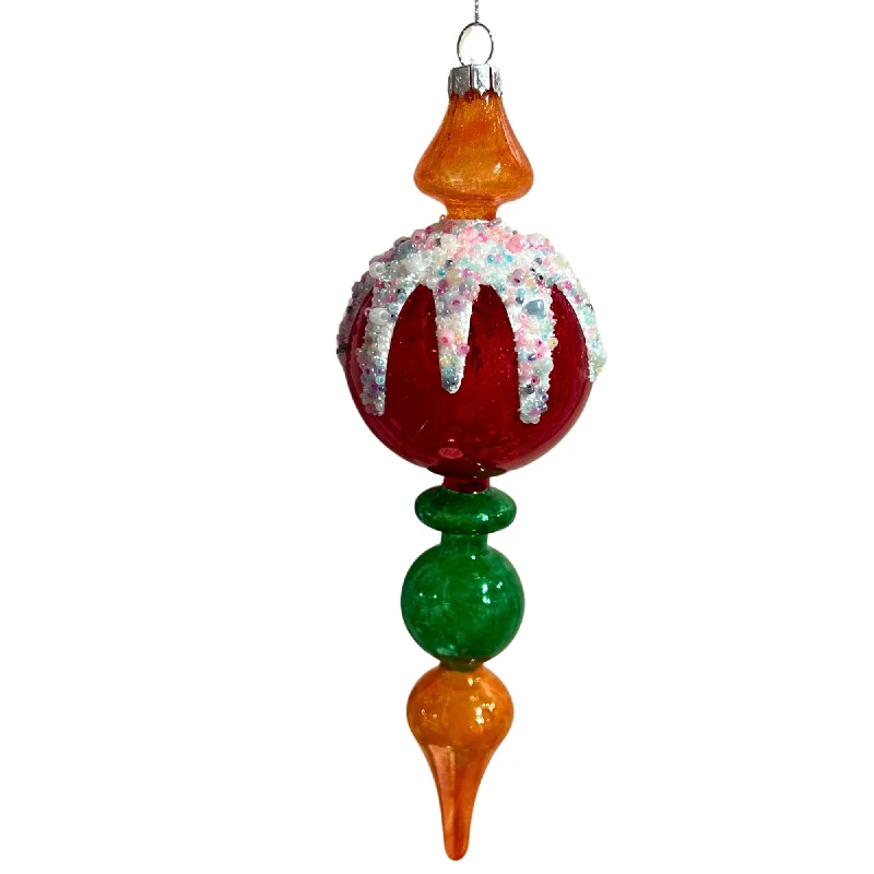 9.5" Red, Green & Orange Finial Glass Ornament  Set Of 2