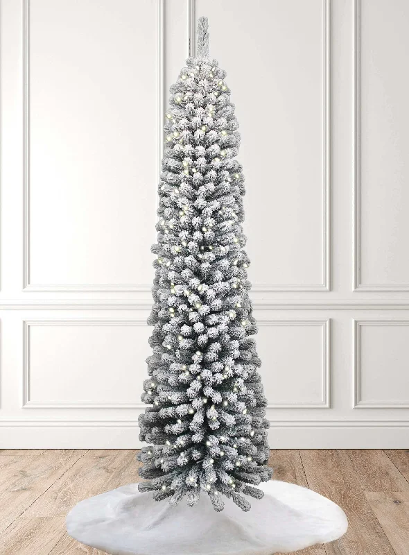 9' Prince Flock® Pencil Artificial Christmas Tree with 600 Warm White LED Lights