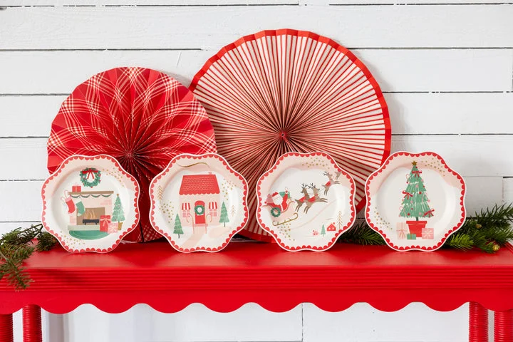 Christmas Santa Scenes Bamboo Melamine Plate Set 8" | 4 ct