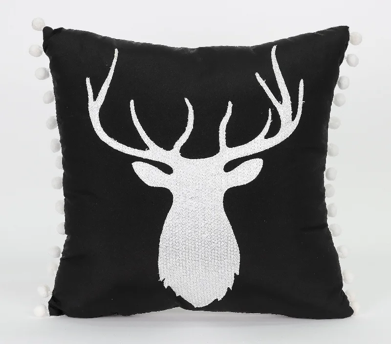 Square black and white pillow with deer