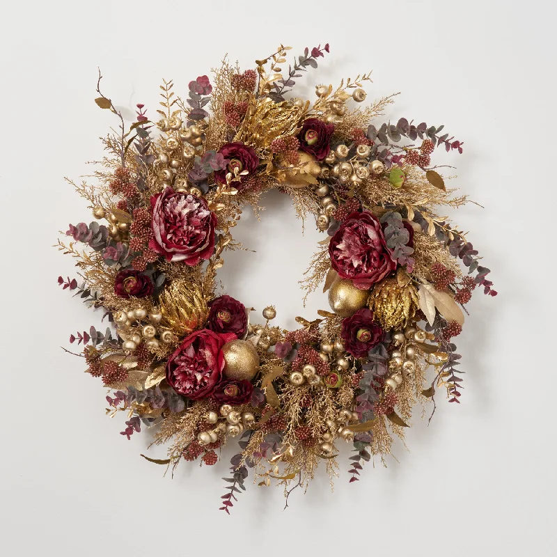 Burgundy Sparkle Peony & Gilded Gold Holiday Decor Front Door Christmas Wreath