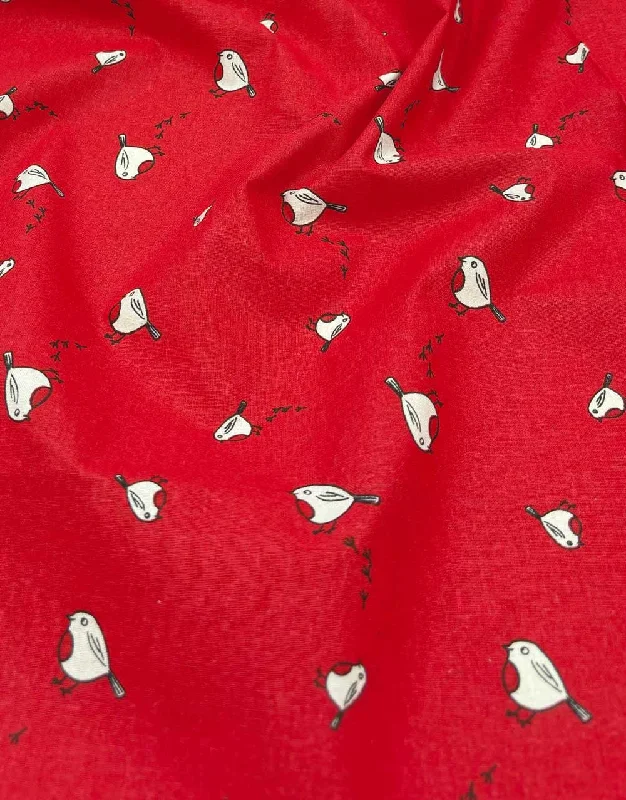 Christmas Robins on Red Christmas Fabric