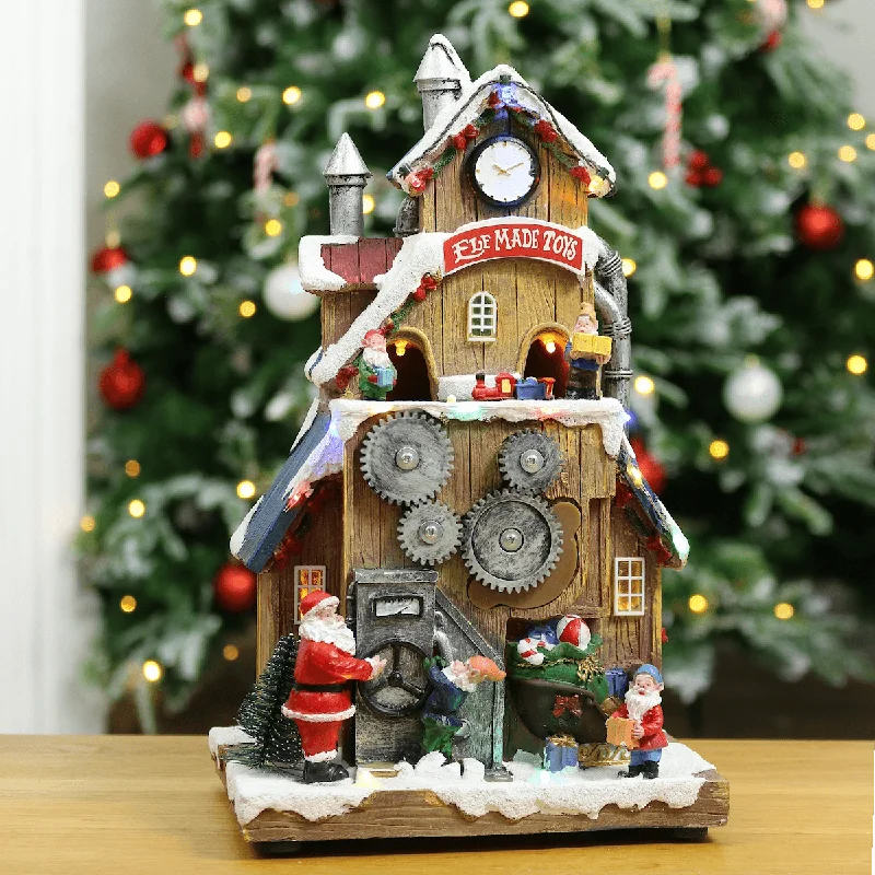 Christmas Toy Factory Light Up Moving Musical Snow Scene 29cm