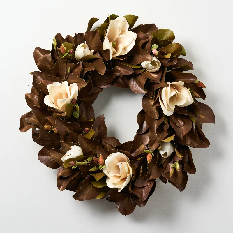 Classic Real Touch Golden Brown Magnolia Bloom & Bud All Seasons Fall Front Door Wreath