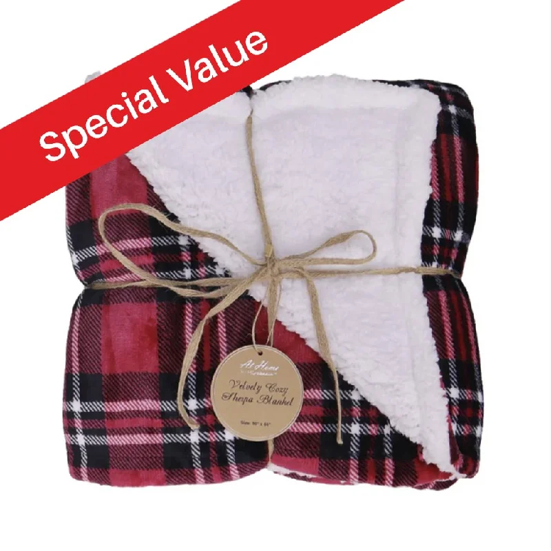 50" x 60" Red/Black Plaid Velvety Fleece Sherpa Blanket - At Home by Mirabeau