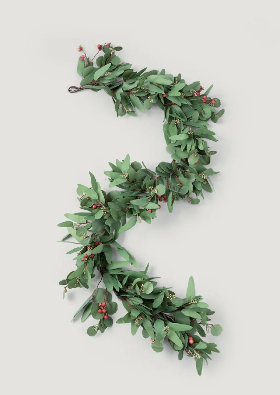 SALE - Deluxe Faux Seeded Eucalyptus Garland with Burgundy Berries - 60"