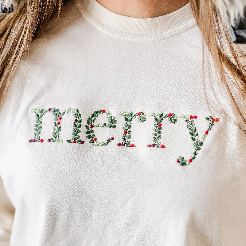 Embroidered Floral Merry - Comfort Colors Tee