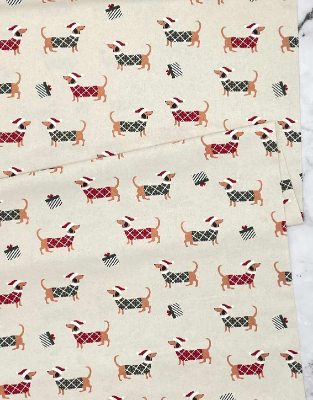 Festive Sausage Dogs on Natural Christmas Fabric