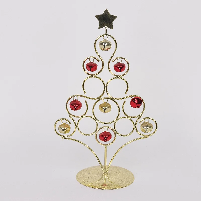 Golden tabletop 
tree with assorted bells