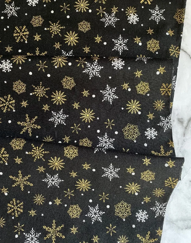 Metallic Snowflakes on Black, Christmas Fabric