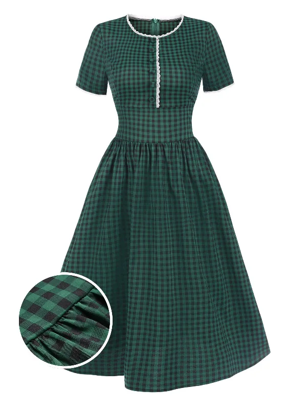 [Pre-Sale] Green 1950s Lace Trim Gingham Plaid Dress