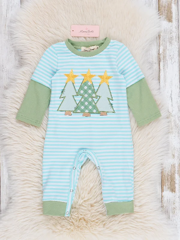 Olive & Blue Striped Christmas Tree Romper