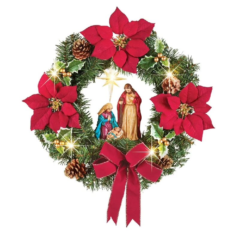 Poinsettia Nativity Scene Lighted Wreath - 13.250 x 13.250 x 5.000