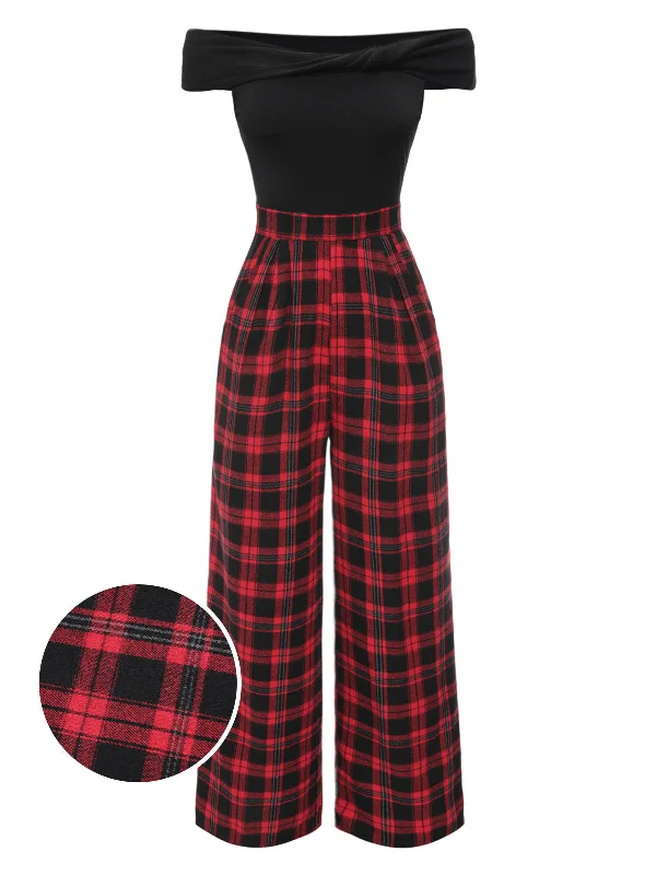 [Pre-Sale] Red 1970s Knotted Off-Shoulder Plaid Jumpsuit