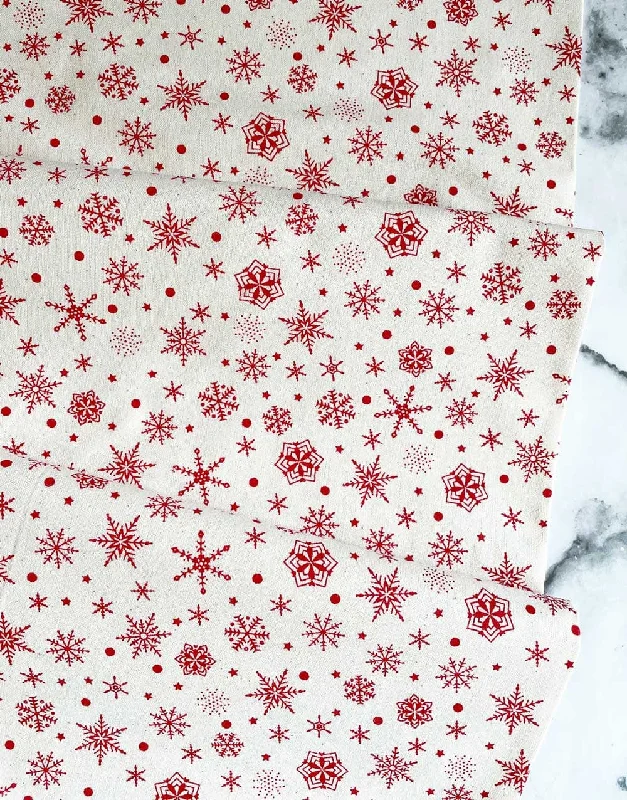 Red Snowflakes on Natural Cotton, Christmas Fabric