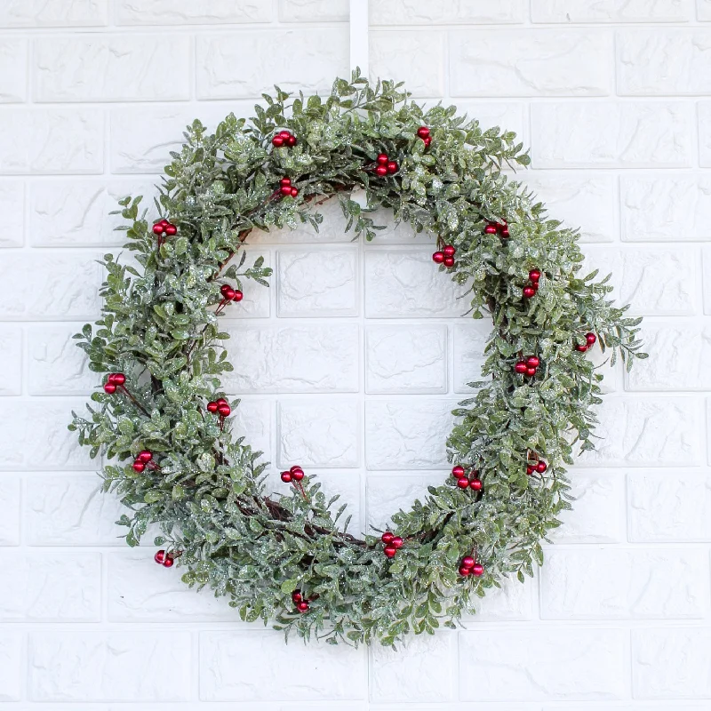 Silver Shimmer Boxwood & Red Berry Holiday Front Door Christmas Wreath 20"