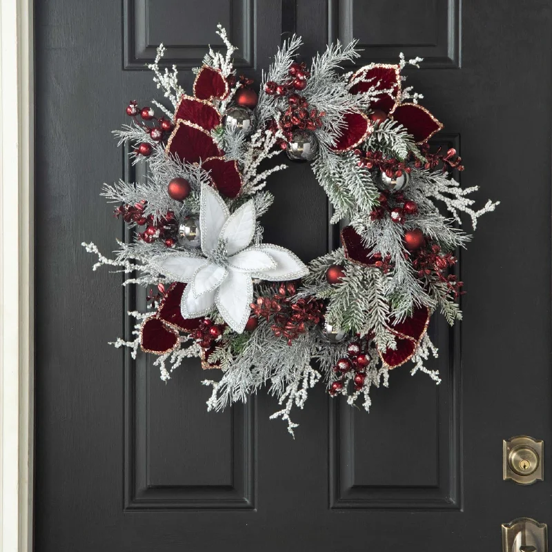 Welcome to Tinseltown - Snowy Pine, Glitter Aspen Leaf, Metallic Berry & Velvet Poinsettia Christmas Front Door Wreath