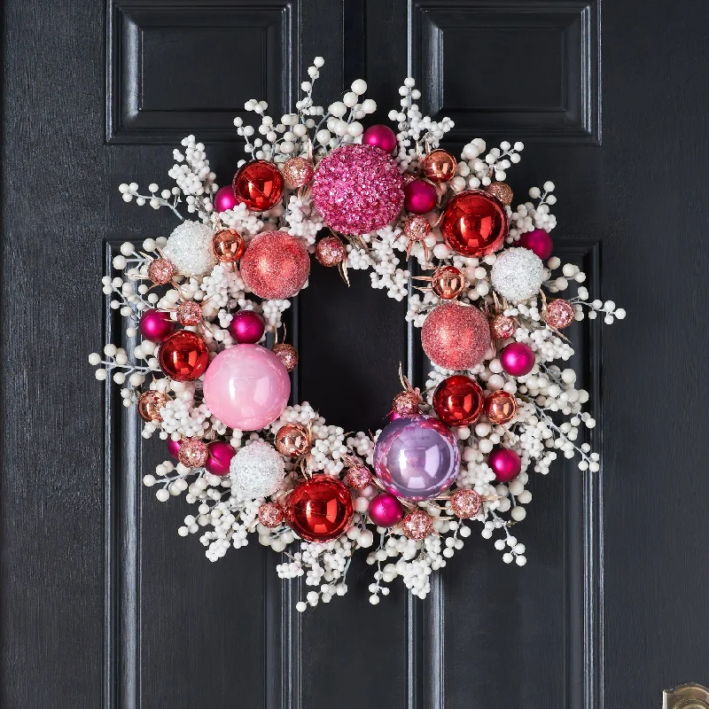 White Pearlized Berries with Shiny Glitter Sequin & Beaded Pink Christmas Ornament Holiday Front Door Wreath