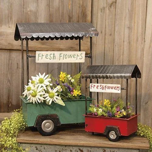 2/Set, Antiqued Metal Flower Carts