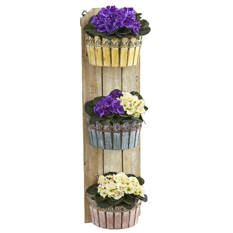 39” African Violet Artificial Plant In Three-Tiered Wall Decor Planter