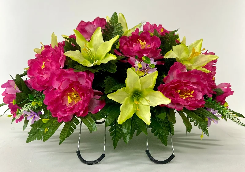 Cemetery Flowers for Headstone & Grave Decoration-Lime Green Lily, Pink Peony and Lavender Forget me nots Mix Saddle