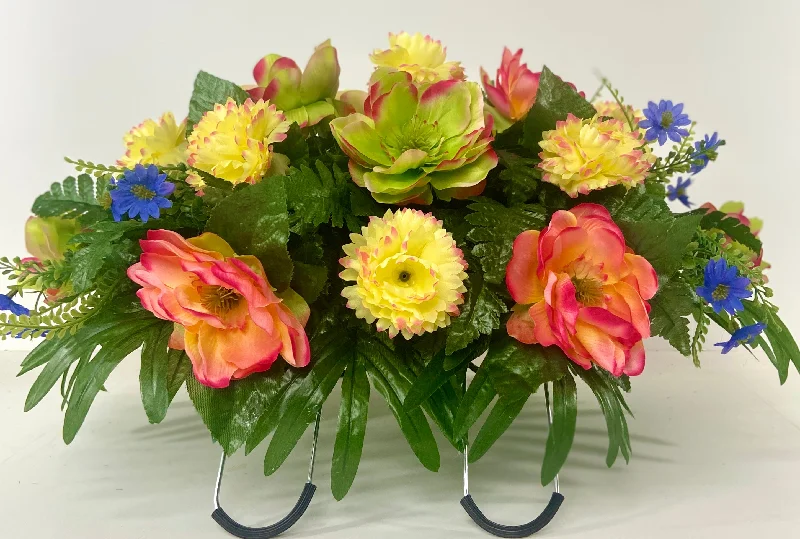 Cemetery Saddle Headstone Decoration with multi-colored flowers for Mother's Day, Father's Day, Valentine's, Spring and Summer