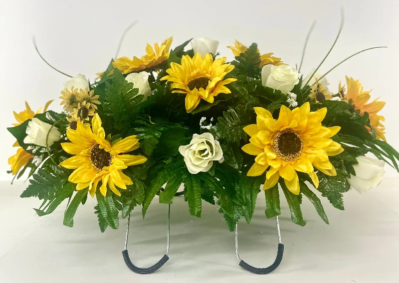 Cemetery Saddle Headstone Decoration with Yellow Sunflowers and Cream Roses for Mother's Day, Father's Day, Valentine's, Spring and Summer