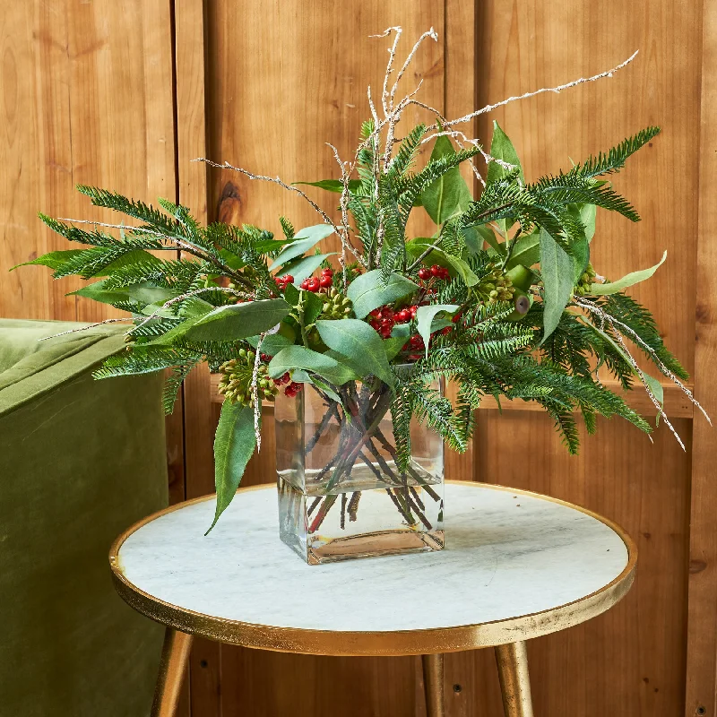 Fraser Fir, Frosted Eucalyptus Seed & Pods, Red Currant Berry & Snow Branch Christmas Winter Water Illusion Arrangement