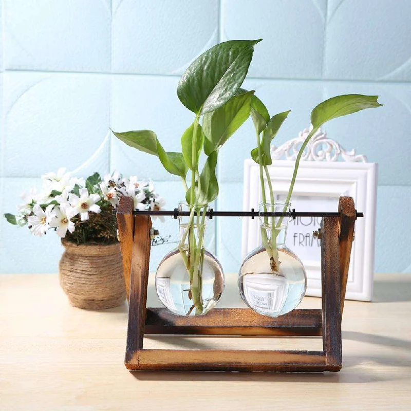 Glass Wood Vase Planter Terrarium Table Desktop Hydroponics Plant