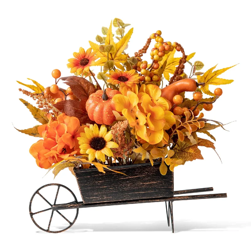 Glitzhome 14"L Fall Unique Floral Cart Centerpiece Thanksgiving Table Decor