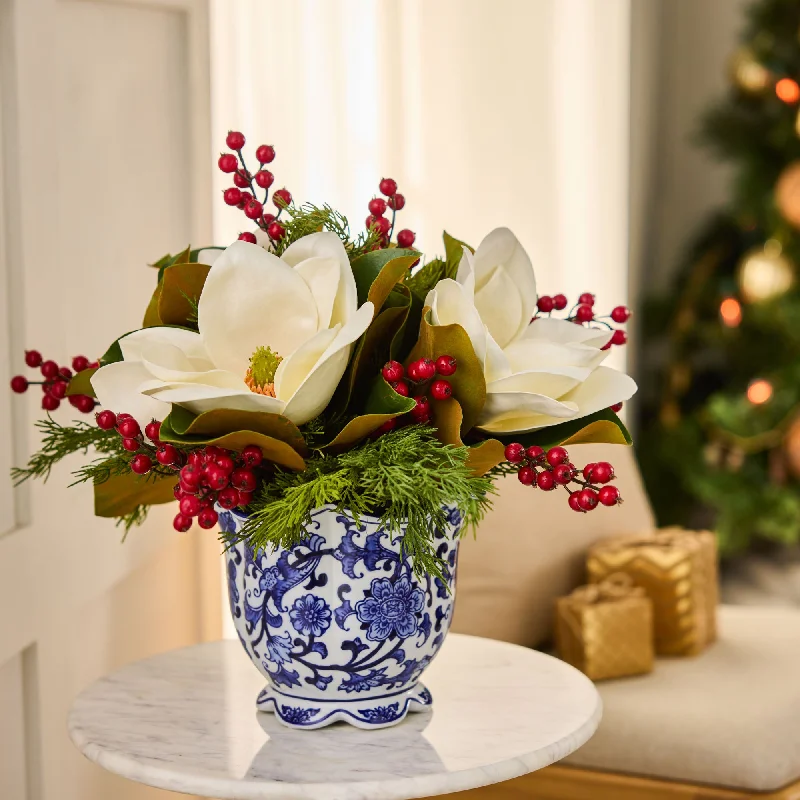 Holiday Chic - Real Touch White Magnolia Blooms, Cedar Greenery & Red Currant Berry in Blue & White Chinoiserie Jardiance Bowl Vase