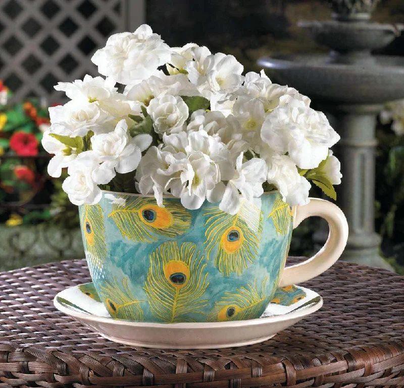 Peacock Feather Teacup Planter