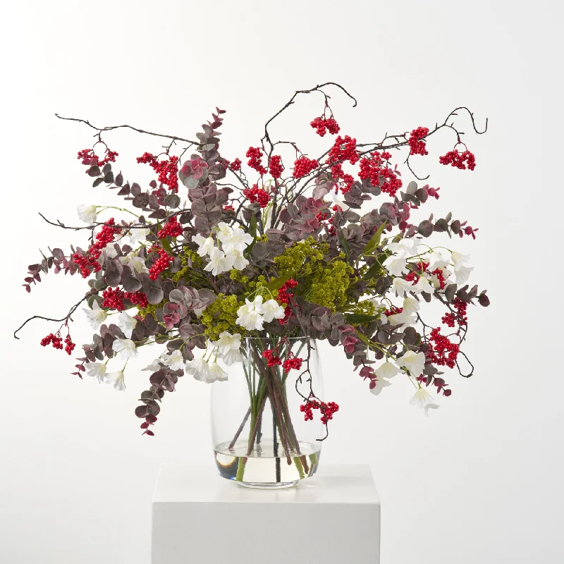 Whimsical Winter - White Bellflower, Green Gypsophillia, Wine Eucalyptus & Red Winter Berry Christmas Centerpiece Water Illusion Arrangement