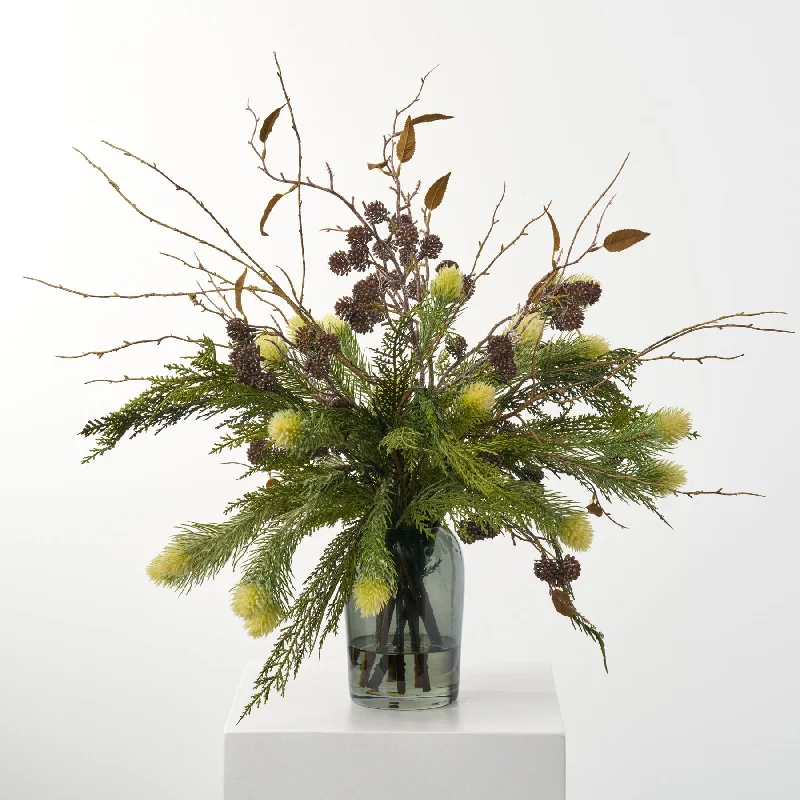 Woodland Gatherings - Cedar & Thistle Pine with Lifelike Sticks and Seed Berry Pods in Smoke Vase Holiday Winter Centerpiece Water Illusion Arrangement