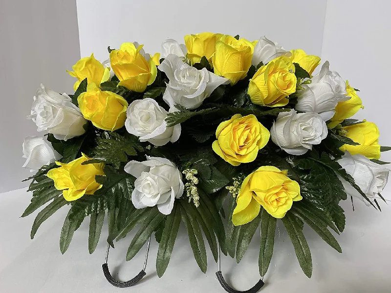 Yellow and White Roses~Cemetery Arrangement~Graveside Decorations~Headstone Saddle~Saddle Arrangement